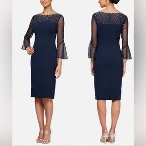 NWT Alex Evenings Size 8 Embellished Neck Sheath Illusion Dress Navy/Silver